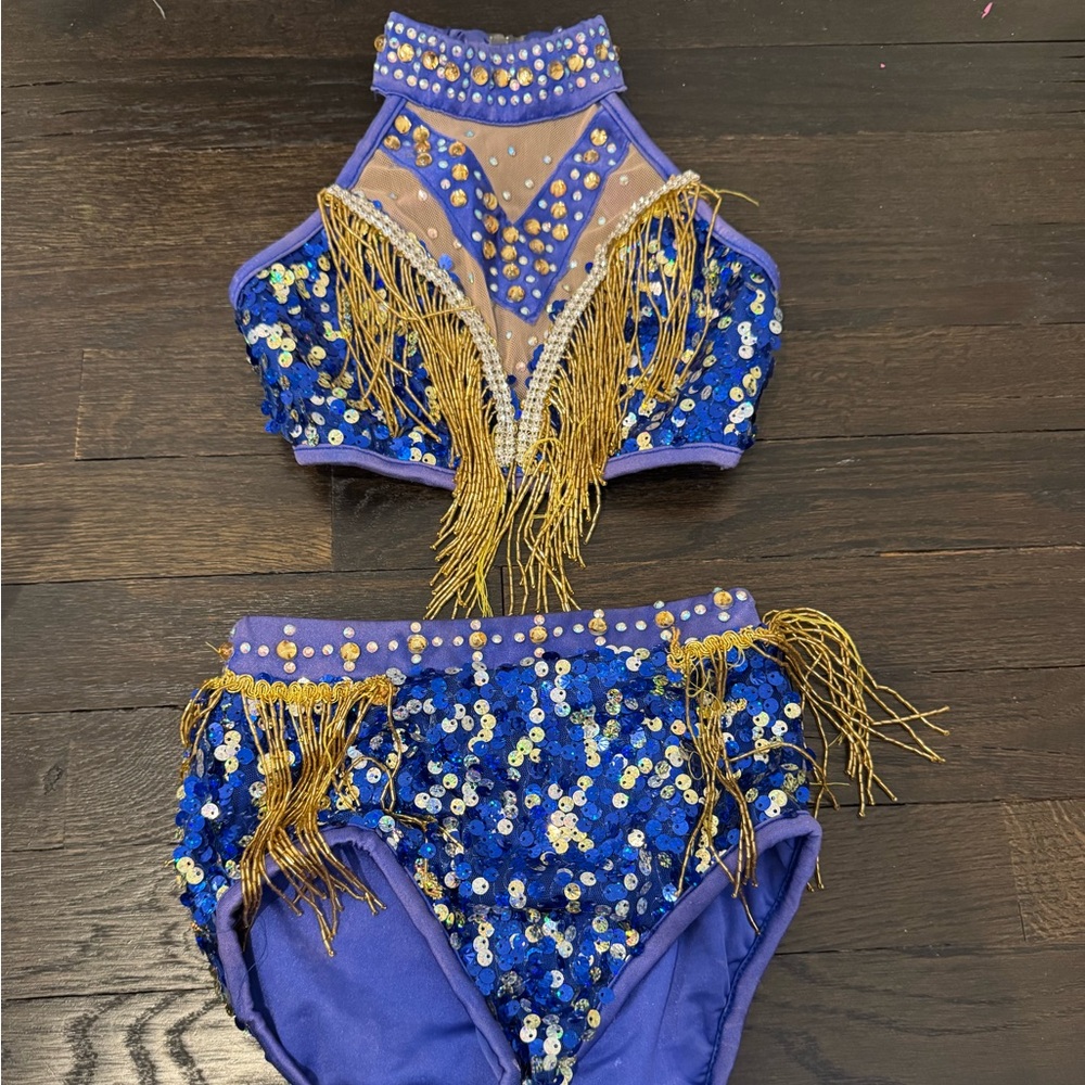 Dazzling Glamour Dance Costume in Blue, Gold and Silver with gold tassels.